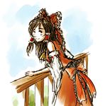  ascot bow brown_hair daro detached_sleeves hair_bow hair_tubes hakurei_reimu leaning_forward railing sketch smile solo touhou 