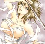  awashima breasts female monochrome nipples nurarihyon_no_mago short_hair solo weapon 