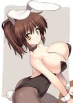  animal_ears arched_back arm_support blush breasts brown_eyes brown_hair bunny_ears bunny_tail bunnysuit bursting_breasts choker cleavage genderswap genderswap_(mtf) huge_breasts kyonko looking_at_viewer nagase_haruhito pantyhose ponytail solo suzumiya_haruhi_no_yuuutsu sweatdrop tail wrist_cuffs 