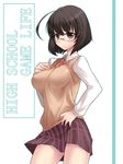  ahoge bad_id bad_pixiv_id blush bob_cut breasts brown_eyes brown_hair frown glasses hand_on_hip highres impossible_clothes impossible_sweater large_breasts original school_uniform short_hair skirt solo sweater sweater_vest yamane_akira 
