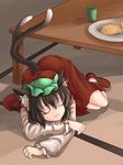  :3 absurdres animal_ears bad_id bad_pixiv_id brown_hair cat_ears cat_tail chen closed_eyes cup earrings fish food hat highres jewelry lying multiple_tails nanairo plate sleeping solo table tail taiyaki touhou wagashi 