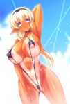  areola_slip areolae arm_up blonde_hair breasts covered_nipples highres ishida_hiroyuki large_breasts o-ring o-ring_top original pointy_ears pose puffy_nipples purple_eyes slingshot_swimsuit solo swimsuit tan tanline 