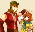  1girl bad_id bad_pixiv_id blue_eyes boyd_(fire_emblem) brown_hair fire_emblem fire_emblem:_souen_no_kiseki frown green_hair grin guttary hair_tubes headband mist_(fire_emblem) petting scarf short_hair smile wavy_mouth 