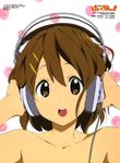  absurdres akg arms_up bare_shoulders blush brown_eyes brown_hair collarbone copyright_name hair_between_eyes hair_ornament hairclip headphones highres hirasawa_yui horiguchi_yukiko k-on! looking_at_viewer nude official_art open_mouth scan short_hair smile solo upper_body 