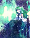  bad_id bad_pixiv_id detached_sleeves frog green_eyes green_hair hair_ornament highres iyo_zannen japanese_clothes kochiya_sanae long_hair solo touhou traditional_media 