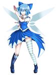  absurdres asymmetrical_clothes blue_eyes blue_hair boots bow cirno food fruit full_body hair_bow highres irie_tetsuya mismatched_footwear pointy_ears popsicle ribbon short_hair single_thighhigh smile solo striped striped_legwear thighhighs touhou transparent_background watermelon wings 
