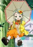  bird doll drill_hair green_eyes green_hair hair_ornament heart house kanaria parasol rozen_maiden sitting solo tree umbrella 