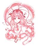  frills hat monochrome nagae_iku pink ribbon solo touhou uri_uri 