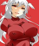  1girl big_breasts breasts crossed_arms erect_nipples female final_fantasy final_fantasy_tactics grey_hair hal_(haruna) hal_(pixiv53536) head_wings headwings huge_breasts large_breasts long_hair naughty_face red_eyes simple_background smile solo ultima_(fft) 