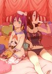  barefoot blue_eyes breasts brown_hair camisole cat cleavage food hat lingerie long_hair medium_breasts multiple_girls original panties popsicle print_legwear purple_eyes purple_hair sailor_hat skull skull_print striped symbol-shaped_pupils thighhighs twintails underwear utu vertical_stripes 