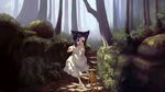  amami_mikihiro animal_ears black_eyes black_hair cat_ears cat_tail child forest frog highres nature open_mouth original paw_pose sandals scenery short_hair solo tail tree 
