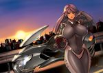  biker_clothes bikesuit bodysuit breasts city fei_(artist) fei_(maidoll) helmet jumpsuit large_breasts motor_vehicle motorcycle sunset vehicle 