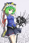  bad_id bad_pixiv_id blue_eyes blush cover-d flower green_hair hat ribbon rod_of_remorse shiki_eiki short_hair solo spider_lily touhou 