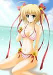  beach bikini blonde_hair blush day green_eyes hair_ribbon highres kamikita_komari little_busters! oda_ken'ichi ribbon sitting smile solo swimsuit 