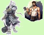  2boys beard blacksmith creature cum facial facial_hair furry green_background hammer mixed multiple_boys outline pants scar_across_eye simple_background werewolf 