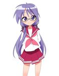  alternate_hairstyle arms_behind_back bespectacled blue_eyes glasses hair_ribbon hiiragi_kagami long_hair lucky_star pink_neckwear purple_hair ribbon ryouou_school_uniform school_uniform serafuku smile solo takeya_yuuki tsurime twintails 