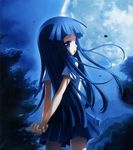  arms_behind_back blue_eyes blue_hair detexted ekusa_takahito furude_rika hands_together higurashi_no_naku_koro_ni long_hair looking_back moon night skirt solo third-party_edit 