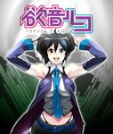  armpits arms_up black_hair blue_eyes blue_neckwear caffein detached_sleeves heterochromia midriff navel necktie red_eyes short_hair solo utau yokune_ruko 