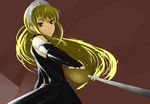  1girl blonde_hair bridal_gauntlets female from_below hime_(kaibutsu_oujo) kaibutsu_oujo lilianne long_hair red_eyes solo sword tef tiara weapon 