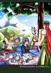  alcohol alice_margatroid barefoot blonde_hair blue_eyes blue_hair cup hong_meiling horn hoshiguma_yuugi kamishirasawa_keine kawashiro_nitori key kumoi_ichirin lavender_hair long_hair multiple_girls no_hat no_headwear picnic picnic_basket ponytail red_eyes red_hair sakazuki sake shanghai_doll short_hair sleeping stage_connection touhou tree twintails two_side_up wakudori yellow_eyes 