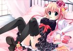  bed black_legwear black_panties blonde_hair bow candy crown dress eating food frilled_pillow frills garter_straps green_eyes hair_ribbon kamikita_komari little_busters! lying on_back panties pantyshot pantyshot_(lying) pillow pink_bow pocky ribbon solo star thighhighs underwear yukie_(peach_candy) 