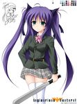  bad_id bad_pixiv_id baseball_bat bow green_eyes highres inglourious_basterds little_busters! long_hair maullarmaullar parody pink_bow purple_hair ribbon sasasegawa_sasami simple_background solo thighhighs 