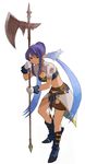  blue_footwear boots breasts cleavage full_body gloves halberd judith knee_boots medium_breasts midriff navel nyama overskirt pointy_ears polearm purple_hair red_eyes sidelocks simple_background smile solo tales_of_(series) tales_of_vesperia weapon white_background 