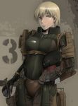  blonde_hair blue_eyes bodysuit breasts frogs_(metal_gear) headwear_removed helmet helmet_removed knife large_breasts metal_gear_(series) metal_gear_solid metal_gear_solid_4 military niiyaso smile smirk solo 