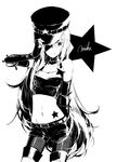  cowboy_shot elbow_gloves fingerless_gloves gloves greyscale hand_on_headwear hat hatsune_miku high_contrast long_hair midriff monochrome navel project_diva project_diva_(series) punk_(module) rella solo star tattoo very_long_hair vocaloid 