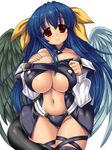  asymmetrical_wings bad_id bad_pixiv_id blue_hair breasts curvy dizzy guilty_gear huge_breasts long_hair naru_(kuma) red_eyes solo tail thighhighs underboob wings 