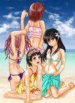  ass ayahito bad_feet barefoot beach bikini black_hair blue_eyes brown_eyes brown_hair day dimples_of_venus flower front-tie_top hair_flower hair_ornament long_hair misaka_mikoto multiple_girls sarong saten_ruiko shirai_kuroko short_hair side-tie_bikini swimsuit tankini to_aru_kagaku_no_railgun to_aru_majutsu_no_index twintails uiharu_kazari 