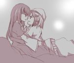  dress eye_contact frederica_bernkastel hug lambdadelta looking_at_another monochrome sitting umineko_no_naku_koro_ni yuri 