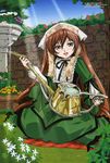  absurdres blanket blush brown_hair doll dress duplicate flower frills grass hat heterochromia highres long_hair outdoors rozen_maiden sitting smile solo suiseiseki tamura_masafumi watering_can 