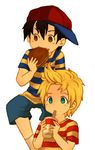  bad_id bad_pixiv_id black_hair blonde_hair blue_eyes brown_eyes crossover drink food hat lowres lucas male_focus mother_(game) mother_2 mother_3 multiple_boys ness quiff super_smash_bros. watabou 