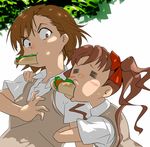  =_= angry arm_hug bad_id bad_pixiv_id brown_eyes brown_hair eating food_in_mouth hand_on_another's_shoulder hot_dog long_hair misaka_mikoto mouth_hold multiple_girls nuezou school_uniform shirai_kuroko short_hair sweater_vest to_aru_kagaku_no_railgun to_aru_majutsu_no_index twintails 