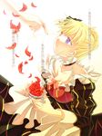  beatrice blonde_hair blue_eyes bow cup dress european_clothes flower highres looking_up petals rose translation_request umineko_no_naku_koro_ni 