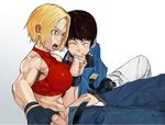  abs belt blonde_hair blue_eyes blue_mary brown_hair chris daigo_the_awfulian daigos_the_awfulian impossible_clothes impossible_clothing king_of_fighters kof muscle open_mouth punch punching short_hair snk wardrobe_malfunction what 