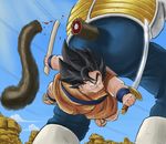  action armor black_hair blood cuts day deep_wound dragon_ball dragon_ball_z fat fat_man fur injury katana long_hair male_focus monkey oozaru sandals sky spoilers sweatdrop sword tail vegeta vinc3412 weapon yajirobe 