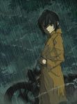  androgynous black_hair coat green_eyes ground_vehicle hermes kino kino_no_tabi messy_hair motor_vehicle motorcycle rain reverse_trap short_hair solo tomboy zaki_mitsunori 