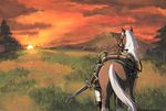  blonde_hair epona hat holding holding_sword holding_weapon horse left-handed link pointy_ears scenery sunset sword the_legend_of_zelda weapon yajiro_masaru 