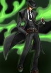  belt blazblue coat fedora fingerless_gloves gloves green_hair hat hazama male_focus solo trench_coat 