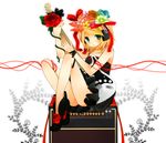  bad_id bad_pixiv_id blonde_hair bow dress flower green_eyes guitar hair_bow hair_flower hair_ornament hair_ribbon headphones instrument kagamine_rin potako red_string ribbon rose short_dress short_hair sitting solo string vocaloid 