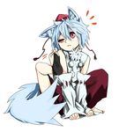  animal_ears animal_pose detached_sleeves feet hat inubashiri_momiji murakami4949 red_eyes scratching short_hair silver_hair solo tail toeless_legwear tokin_hat touhou wolf_ears wolf_tail 