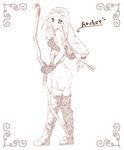  1girl archer archer_(fft) arrow boots bow_(weapon) breasts female final_fantasy final_fantasy_tactics full_body kneehighs long_hair mizuzono monochrome simple_background solo weapon 