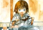  akatsuki_miho akemiho_tabi_nikki bath_yukata brown_hair eating fish food grey_eyes japanese_clothes kimono kouno_hikaru ryokan solo traditional_media watercolor_(medium) yukata 