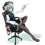  blue_eyes chair green_hair hat karakasa_(murakumo_koushou) paper_airplane shiki_eiki short_hair solo thighhighs touhou 