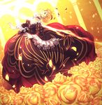  beatrice blonde_hair blue_eyes breasts cleavage dress flower hair_flower hair_ornament highres large_breasts misti petals rose solo umineko_no_naku_koro_ni yellow_flower yellow_rose 