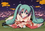  aqua_eyes aqua_hair aqua_nails bare_shoulders blush downblouse floral_print flower hatsune_miku japanese_clothes kimono long_hair mouth_hold nail_polish solo strap_slip twintails utamaru_(konomix) vocaloid yukata 