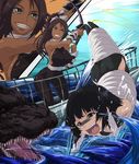  black_hair bleach breasts dark_skin fishing flat_chest godzilla godzilla_(series) highres large_breasts long_hair madhatter_hello multiple_girls ponytail purple_hair shihouin_yoruichi smile sui-feng what yellow_eyes zoom_layer 