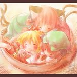  :3 animal_ears ayakashi_(monkeypanch) blonde_hair blush brown_hair cape cat_ears cat_tail chen chibi closed_eyes hat kaenbyou_rin letterboxed multiple_girls multiple_tails neko_nabe pot red_hair sleeping tail toramaru_shou touhou 